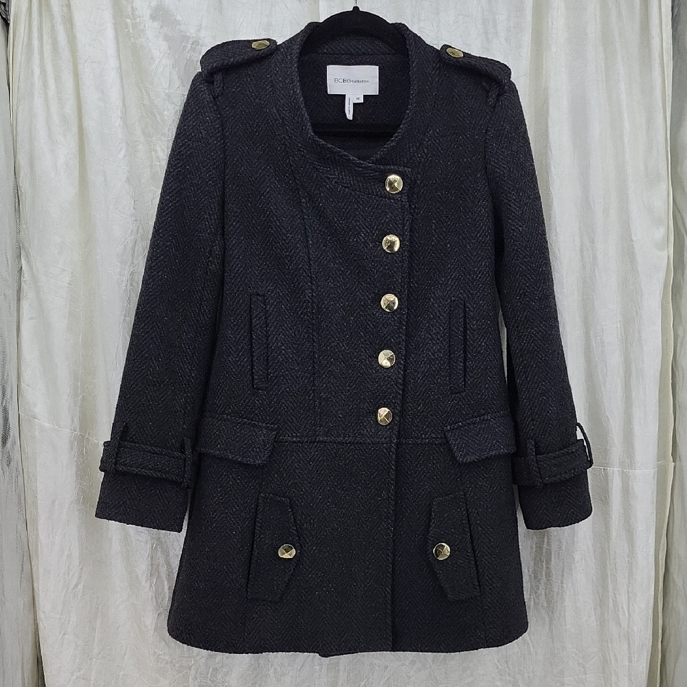 BCBG Wool Blend Military Trench Coat Grey Houndstooth  size XS